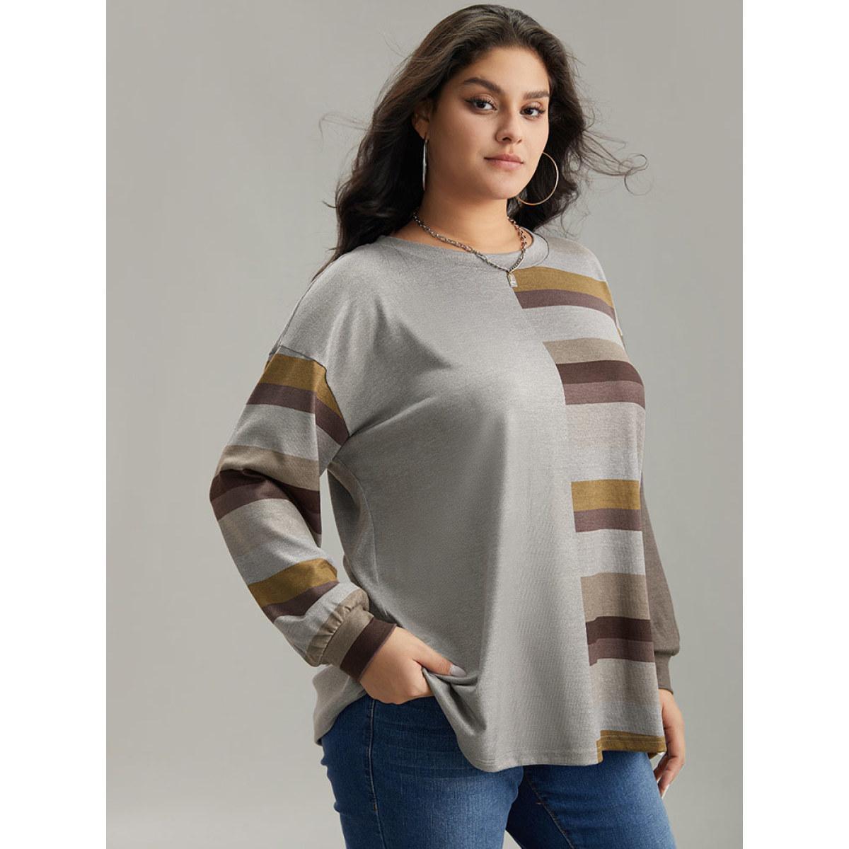 Plus Size Striped Patchwork Contrast Crew Neck Sweatshirt Women DimGray Casual Elastic cuffs Round Neck Dailywear Sweatshirts BloomChic 22-24/3X Product Image