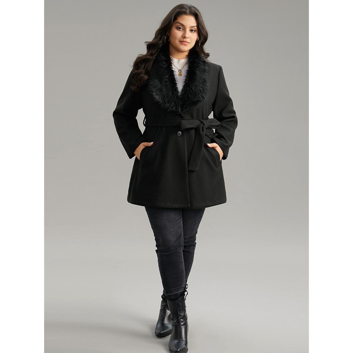 Plus Size Plain Fuzzy Trim Patchwork Belted Coat Women Black Casual Plain Ladies Dailywear Winter Coats BloomChic 18-20/2X Product Image