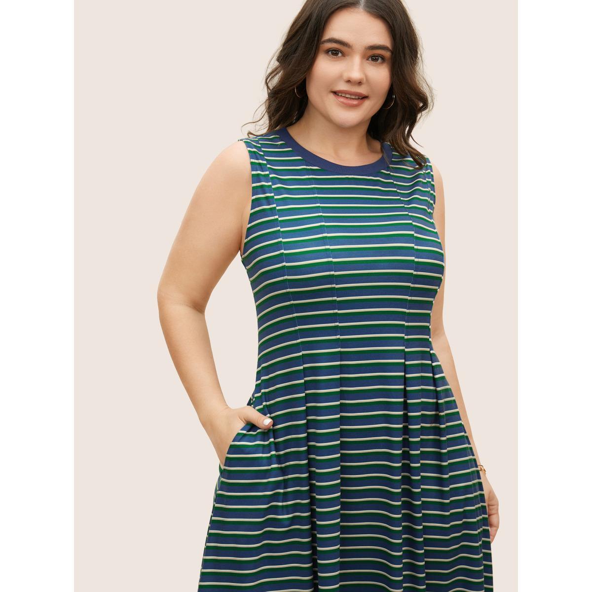 Plus Size Contrast Striped Pleated Pocket Tank Dress Mediumblue Women Casual Contrast Round Neck Sleeveless Curvy BloomChic 26/4X Product Image