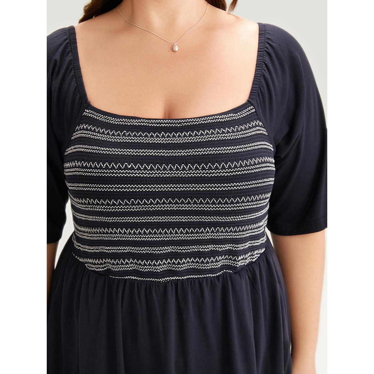 Plus Size Supersoft Essentials Striped Patchwork Pocket Gathered Square Neck Dress Indigo Women Casual Gathered Square Neck Short sleeve Curvy Midi Dress BloomChic 18-20/2X Product Image