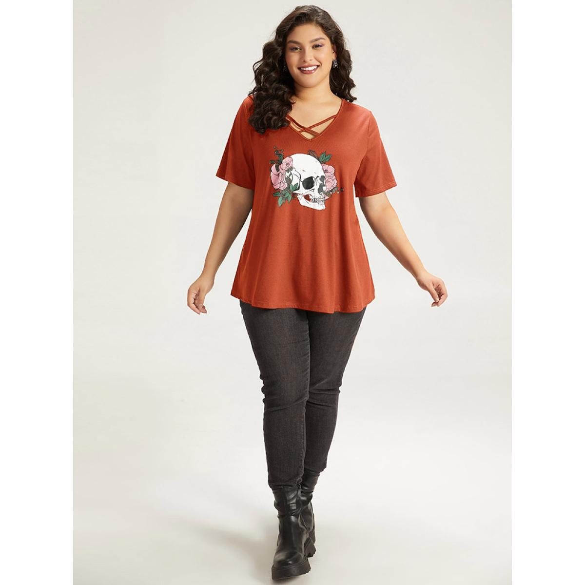 Plus Size Halloween Skull Print Crisscross V Neck T-shirt Chocolate Women Casual Printed Halloween Festival-Halloween T-shirts BloomChic 14-16/1X Product Image