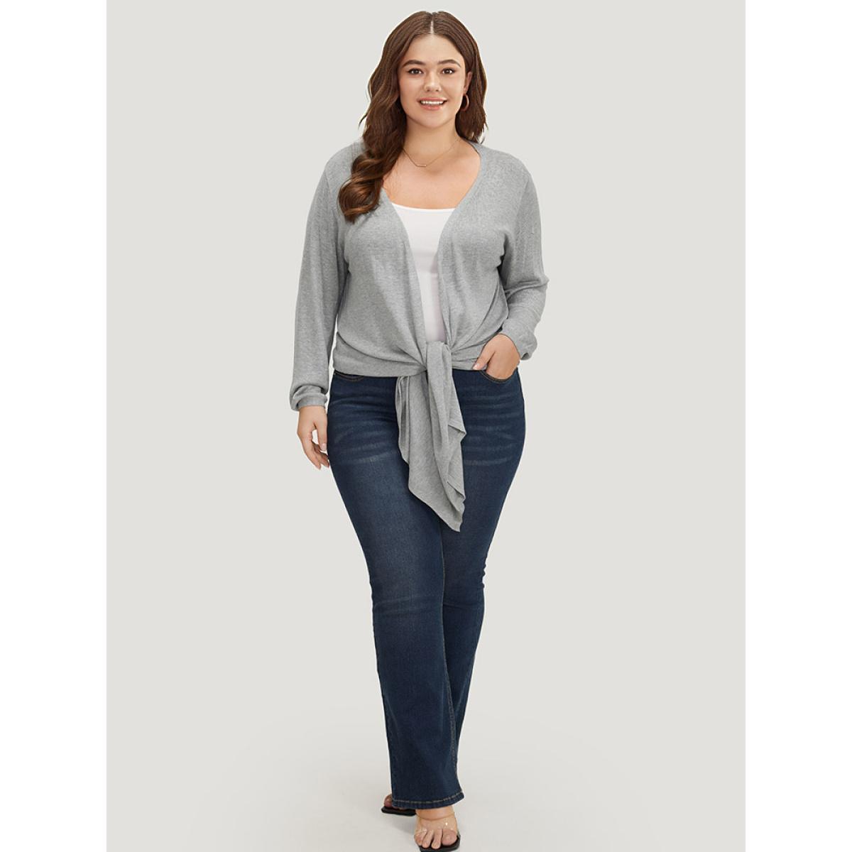 Plus Size Supersoft Essentials Plain Bowknot Front Supersoft Cardigan Gray Women Casual Loose Long Sleeve Everyday Cardigans BloomChic 26/4X Product Image