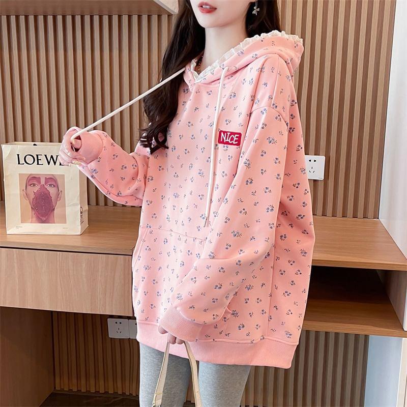 Floral Print Lettering Embroidered Lace Trim Oversized Hoodie Product Image