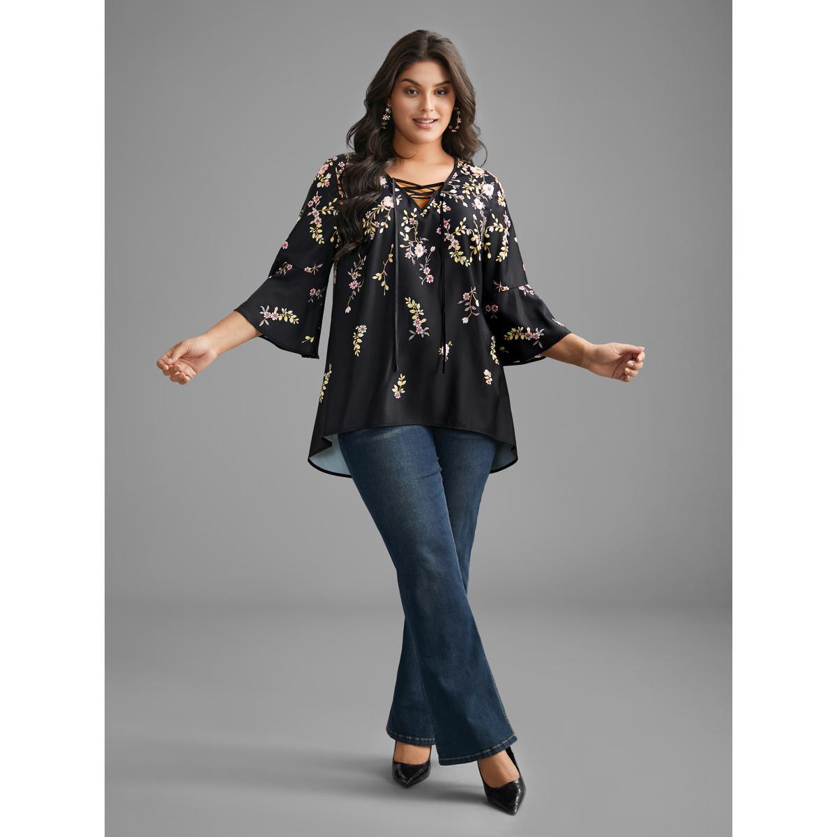 Plus Size BlackFlower Gradient Floral Ruffle Sleeves Blouse Women Elegant Elbow-length sleeve V-neck Everyday Blouses BloomChic 22-24/3X Product Image