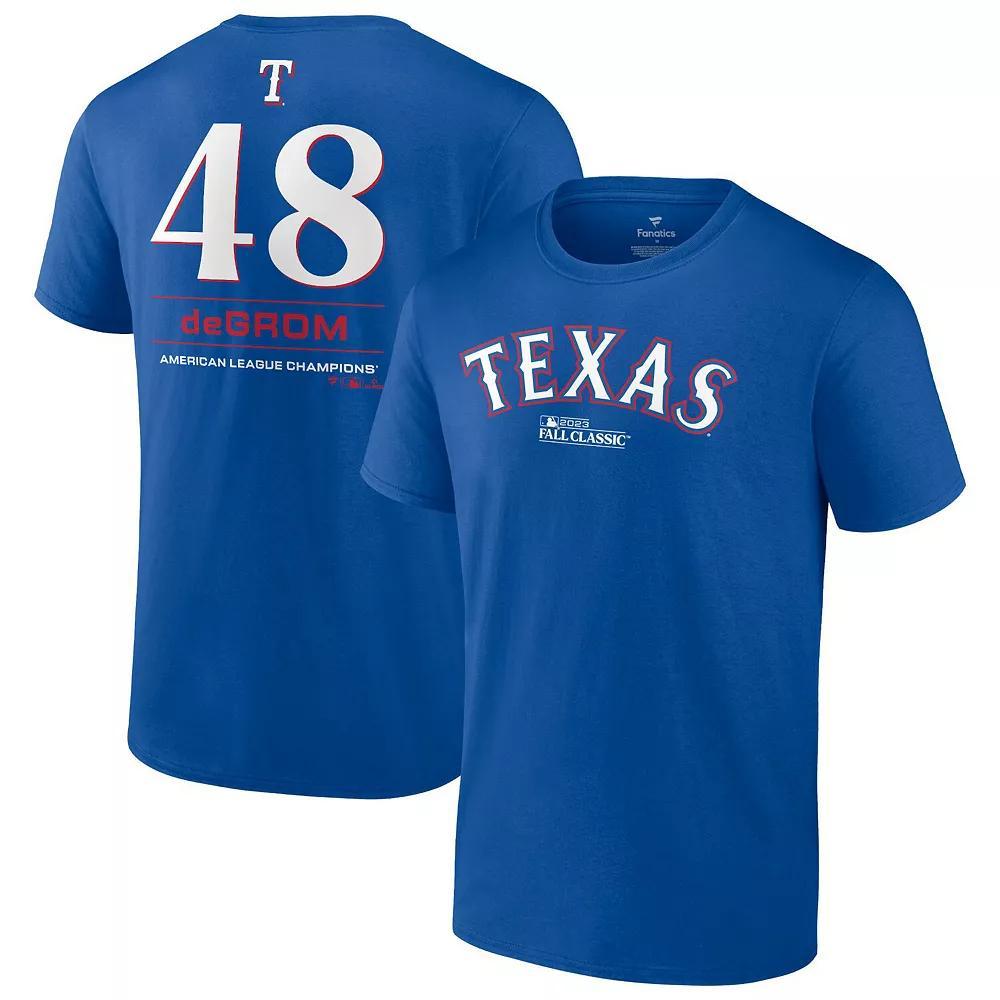 Men's Fanatics Branded Jacob deGrom Royal Texas Rangers 2023 American League Champions Player Name & Number T-Shirt, Size: XL, Blue Product Image