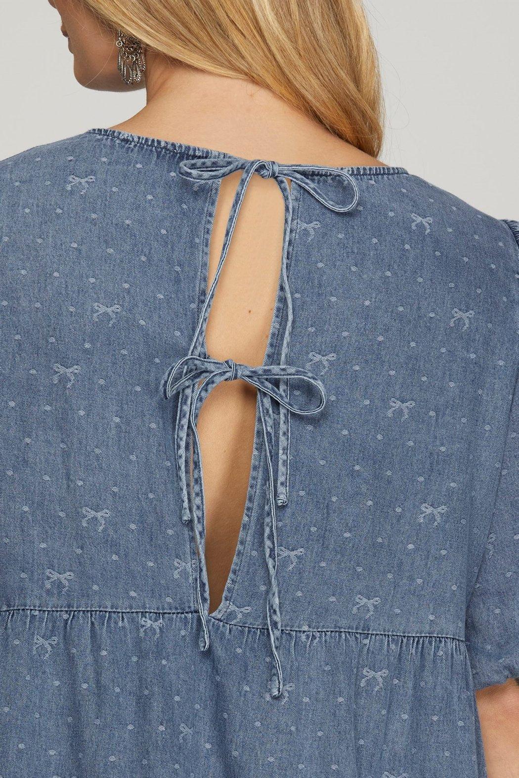 Bow Print Woven Chambray Dress Product Image