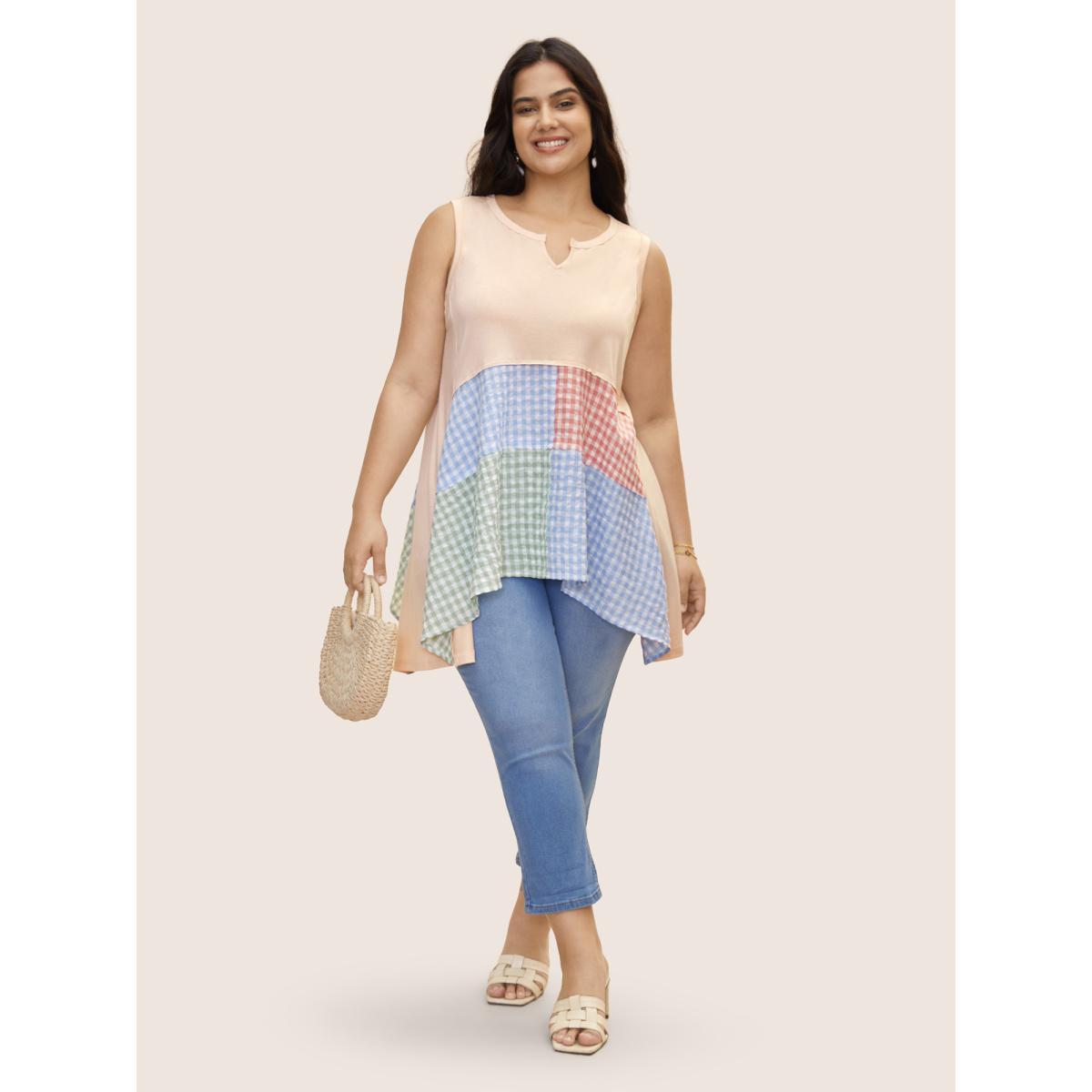 Plus Size Notched Collar Gingham Contrast Patchwork Tank Top Women Apricot Resort Contrast Notched collar Vacation Tank Tops Camis BloomChic 18-20/2X Product Image