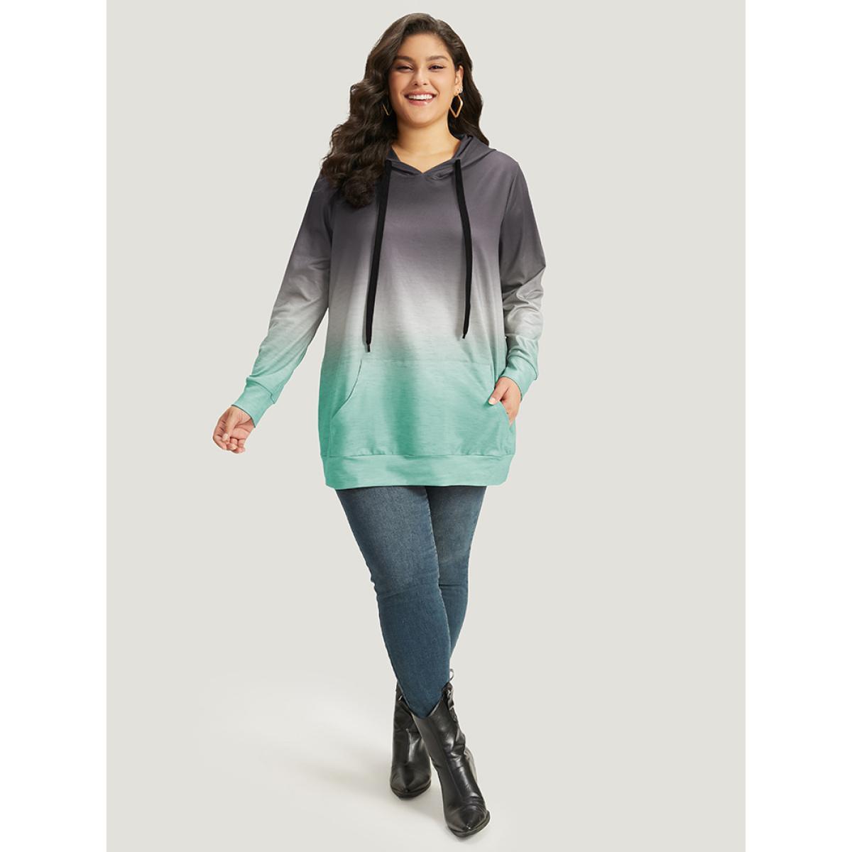 Plus Size Ombre Pocket Drawstring Hooded Sweatshirt Women Gray Casual Elastic cuffs Hooded Everyday Sweatshirts BloomChic 10/M Product Image