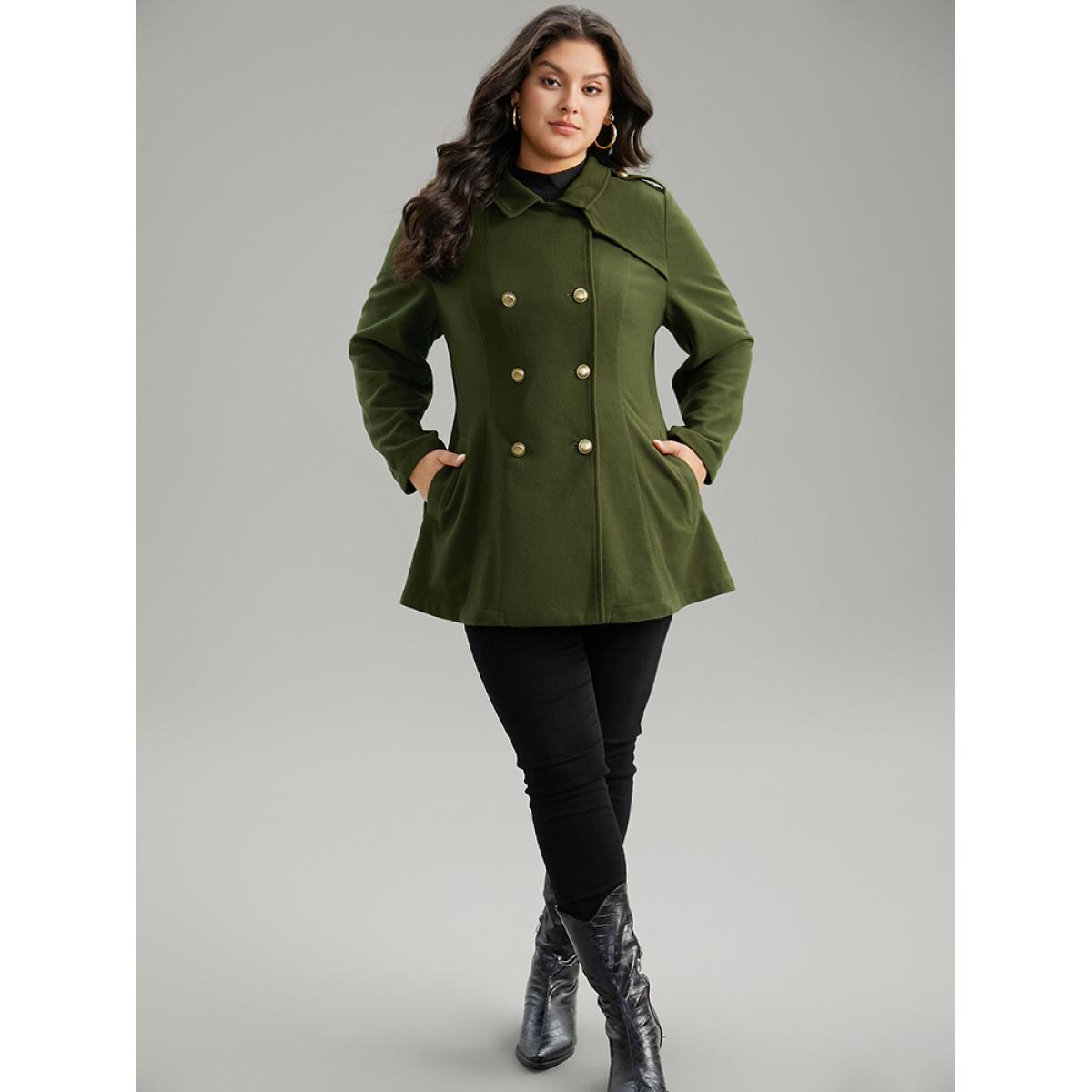 Plus Size Plain Double Breasted Lapel Collar Coat Women ArmyGreen Casual Plain Ladies Dailywear Winter Coats BloomChic 28/5X Product Image