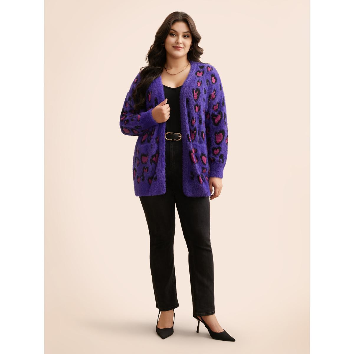 Plus Size Leopard Print Fluffy Patch Pocket Cardigan Deeppurple Women Casual Loose Long Sleeve Everyday Cardigans BloomChic 30/6X Product Image