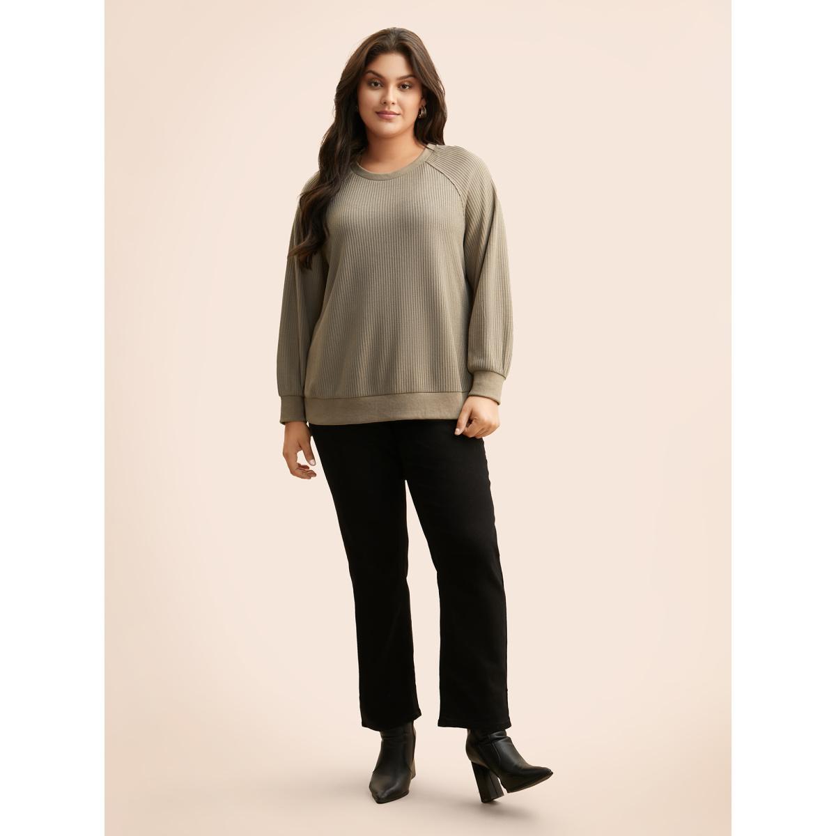 Plus Size Crew Neck Zipper Detail Raglan Sleeve Sweatshirt Women LightBrown Casual Texture Loose Round Neck Everyday Sweatshirts BloomChic 30/6X Product Image