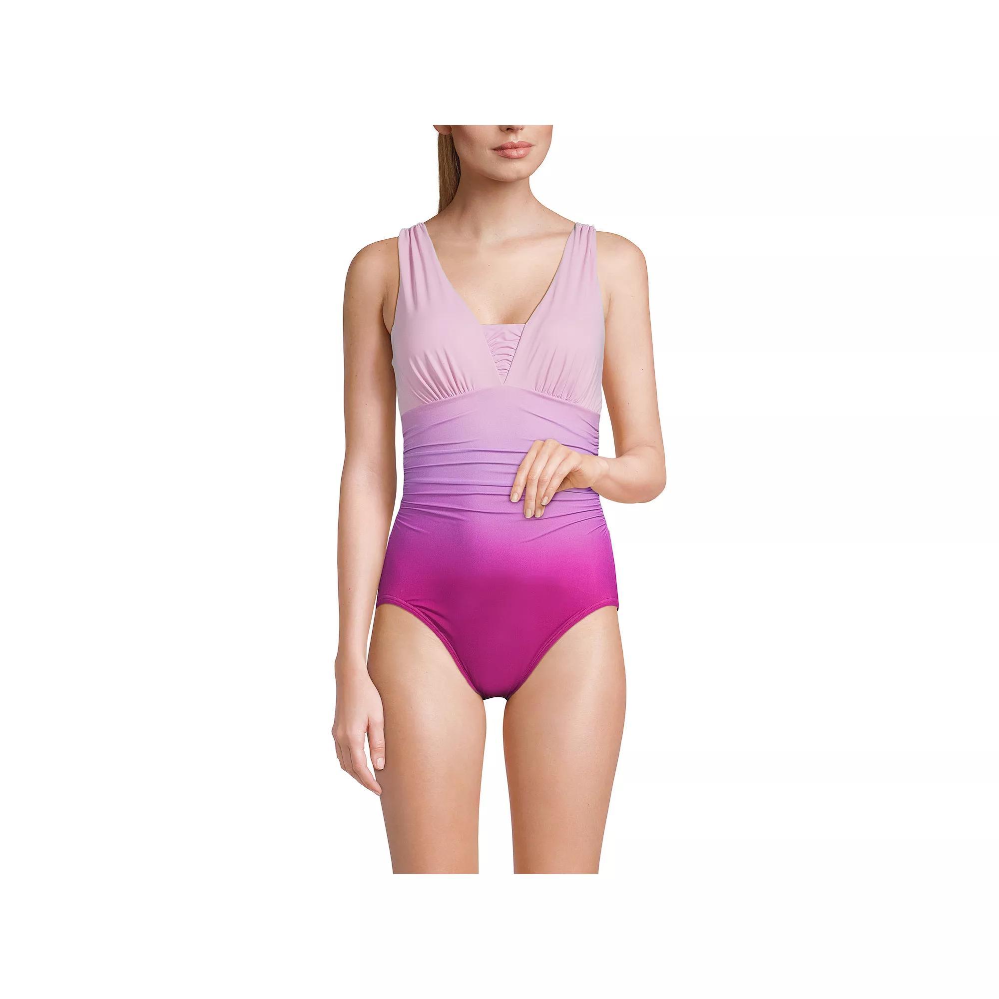 Women's Lands' End D-Cup Slender Grecian Tummy-Control One-Piece Swimsuit, Size: 14D, Red Rose Purple Product Image