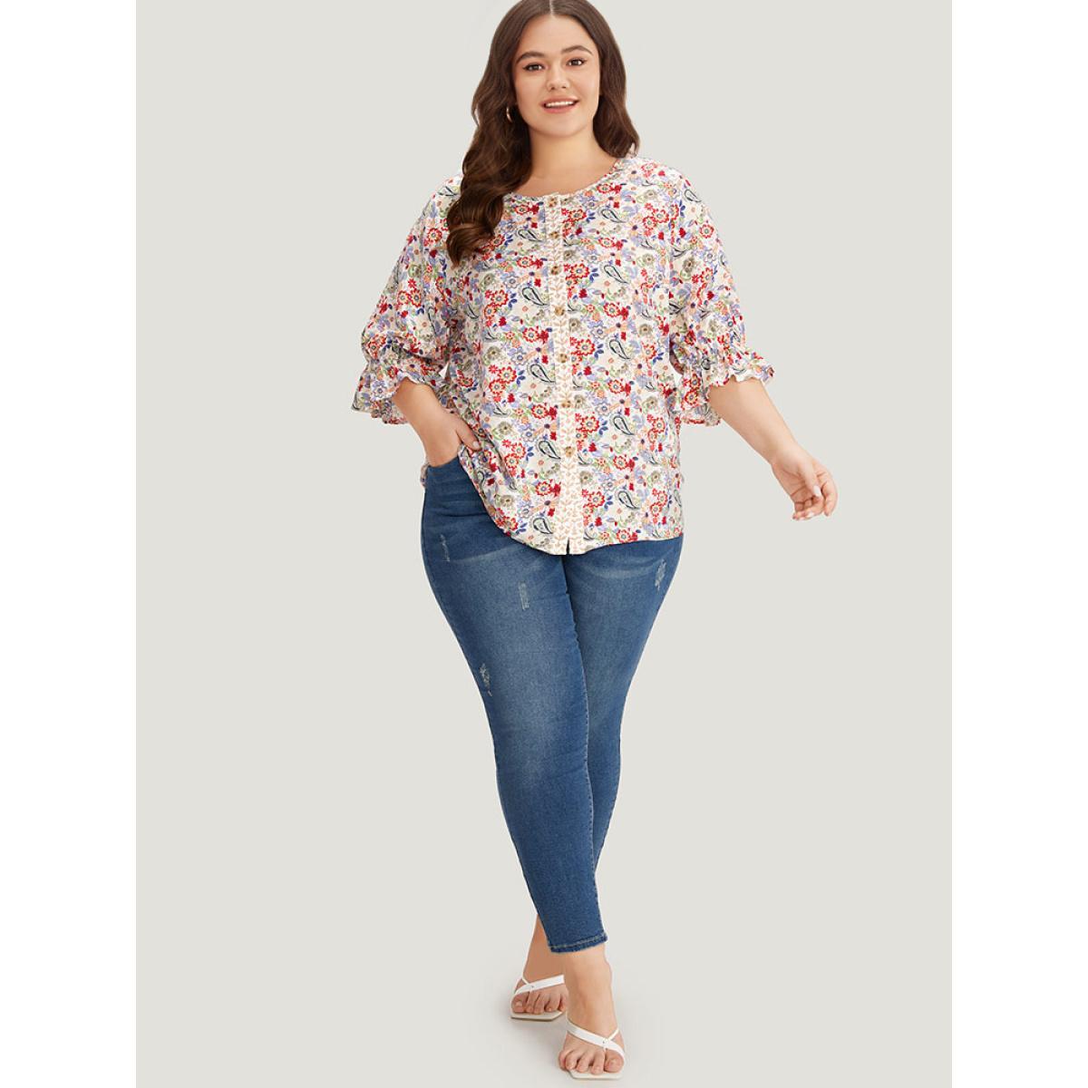 Plus Size Multicolor Floral & Paisley Graphic Button Up Lantern Sleeve Blouse Women Vacation Half Sleeve Round Neck Dailywear Blouses BloomChic 18-20/2X Product Image