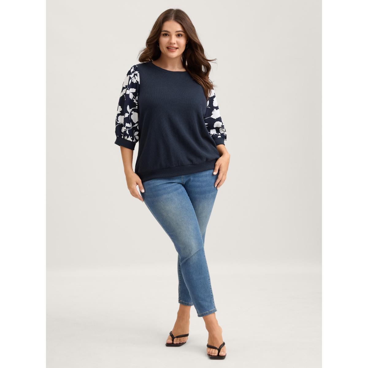 Plus Size Textured Floral Puffy Sleeve Sweatshirt Women Indigo Texture Round Neck Everyday-Elegant Sweatshirts BloomChic 22-24/3X Product Image