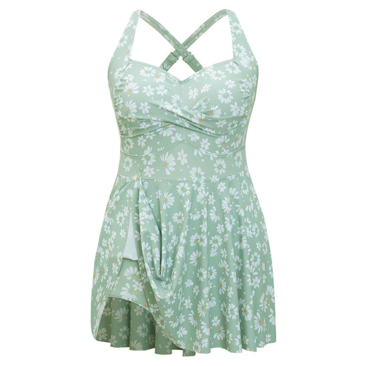 Plus Size Daisy Floral Crossover Flutter Empire Waist Swim Dress Women's Swimwear LightGreen Vacation Bodycon Asymmetrical Neck High stretch Curve Swim Dresses BloomChic 18-20/2X Product Image