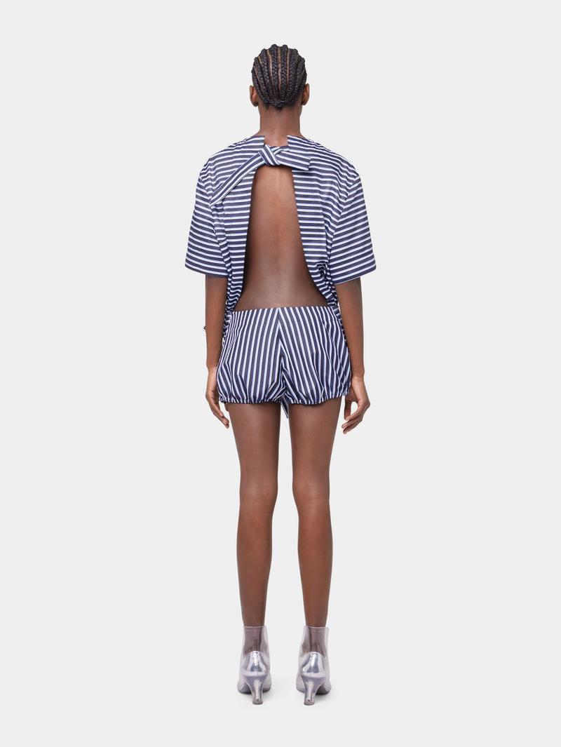 STRIPED WHITE AND BLUE EMBROIDERED TEE-SHIRT IN COTTON POPLIN Product Image