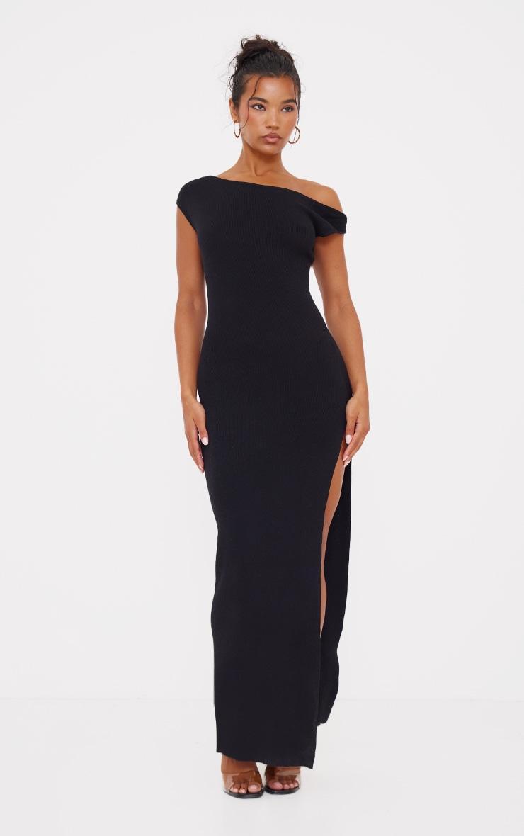 Black Fine Knit Twist Neck Maxi Dress Product Image