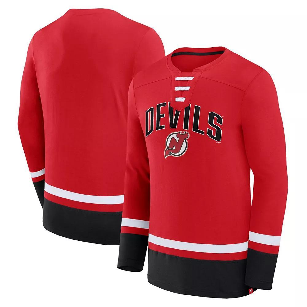 Men's Fanatics Branded Red New Jersey Devils Back Pass Lace-Up Long Sleeve T-Shirt, Size: Medium, Nhl Red Product Image