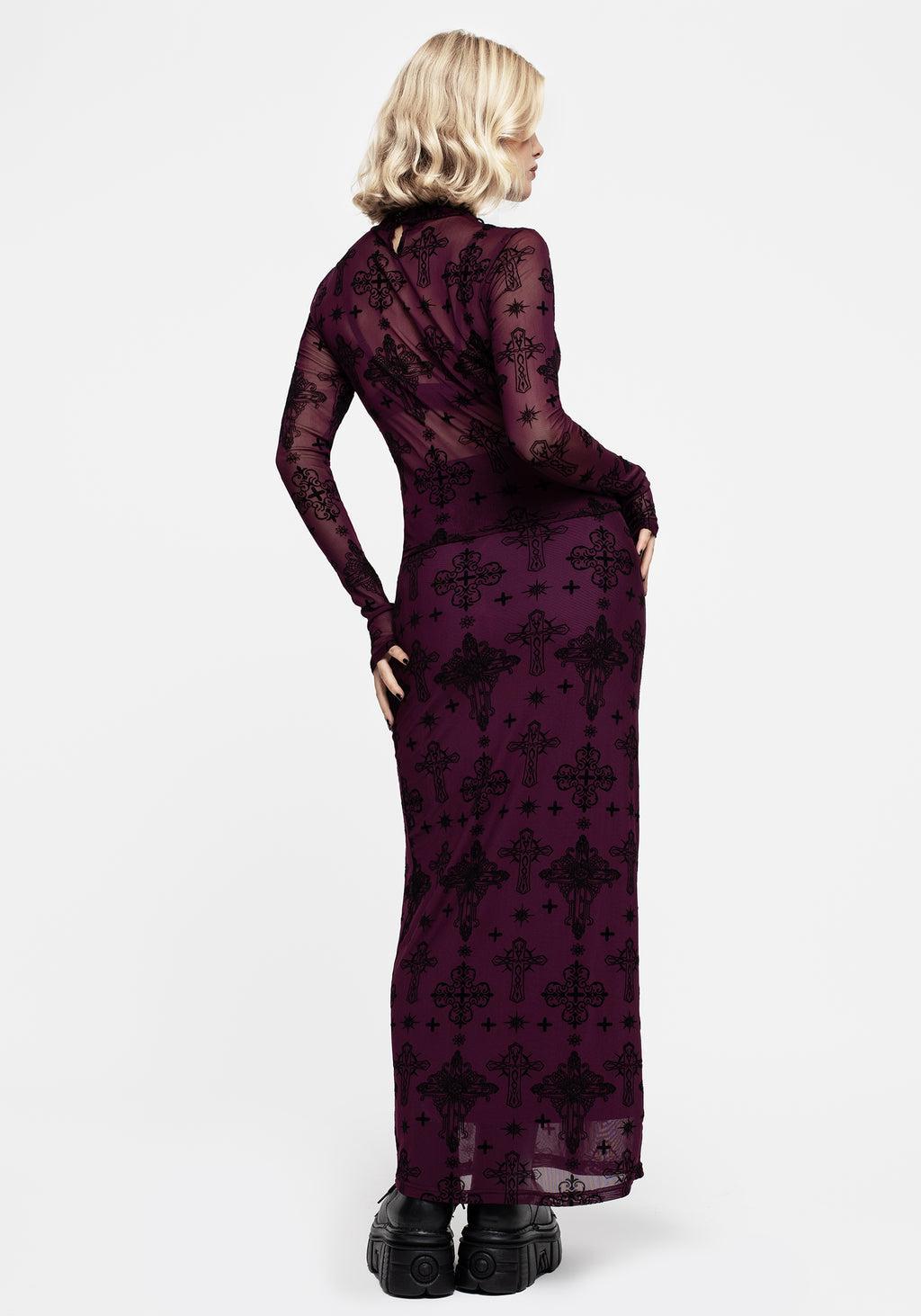 Priestess Flocked Mesh Maxi Skirt - Purple Product Image