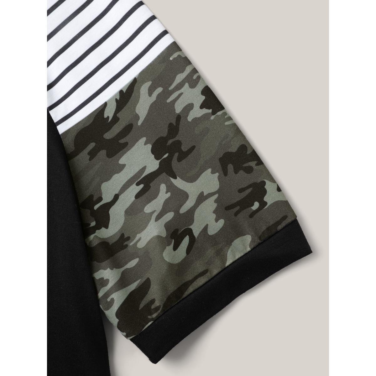 Plus Size Striped Camouflage Print Round Neck T-Shirt Black Women Contrast Round Neck Everyday-Casual T-shirts BloomChic 28/5X Product Image