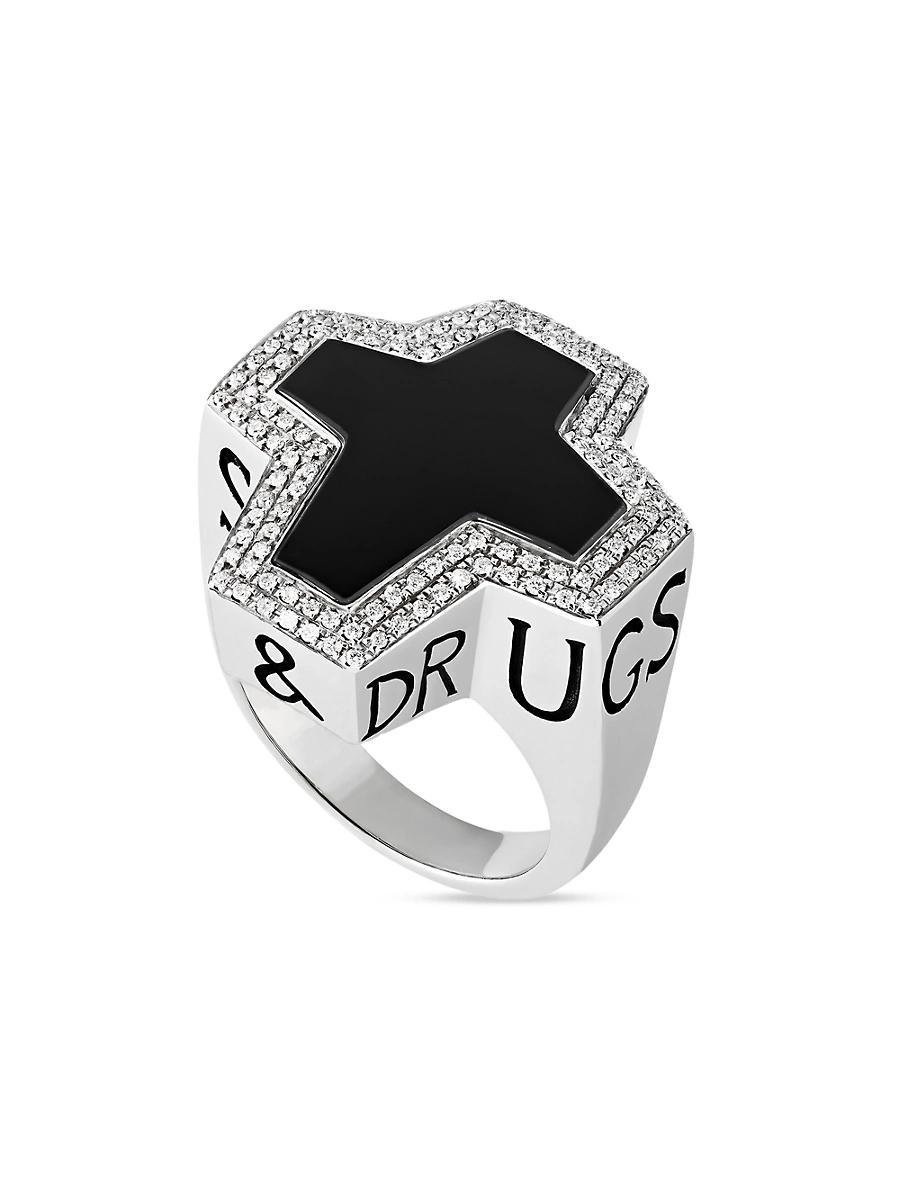Mens Silver Thorn Sterling Silver, Diamonds & Onyx Sex, Drugs & Rock N Roll Ring Product Image