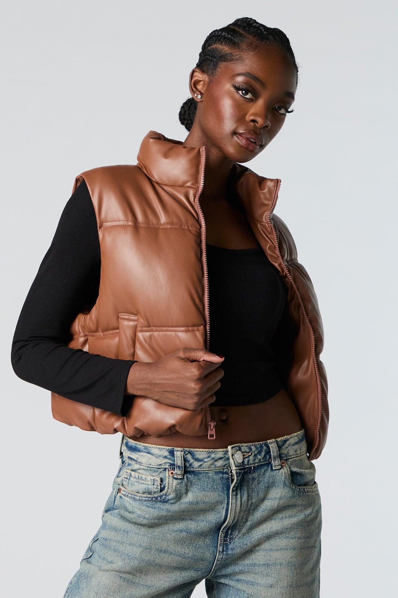 Faux Leather Cropped Puffer Vest Female Product Image
