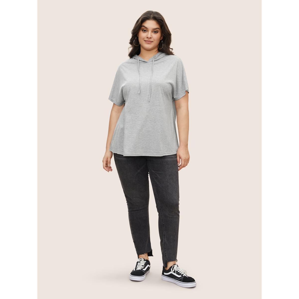Plus Size Solid Batwing Sleeve Drawstring Hooded T-shirt Gray Women Casual Drawstring Plain Hooded Everyday T-shirts BloomChic 14-16/1X Product Image