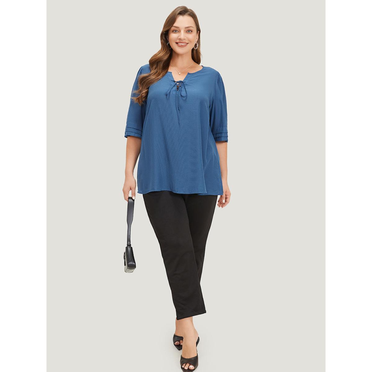 Plus Size Aegean Plain Knot Neck Half Sleeve Layered Blouse Women Office Half Sleeve Tie Neck Work Blouses BloomChic 18-20/2X Product Image