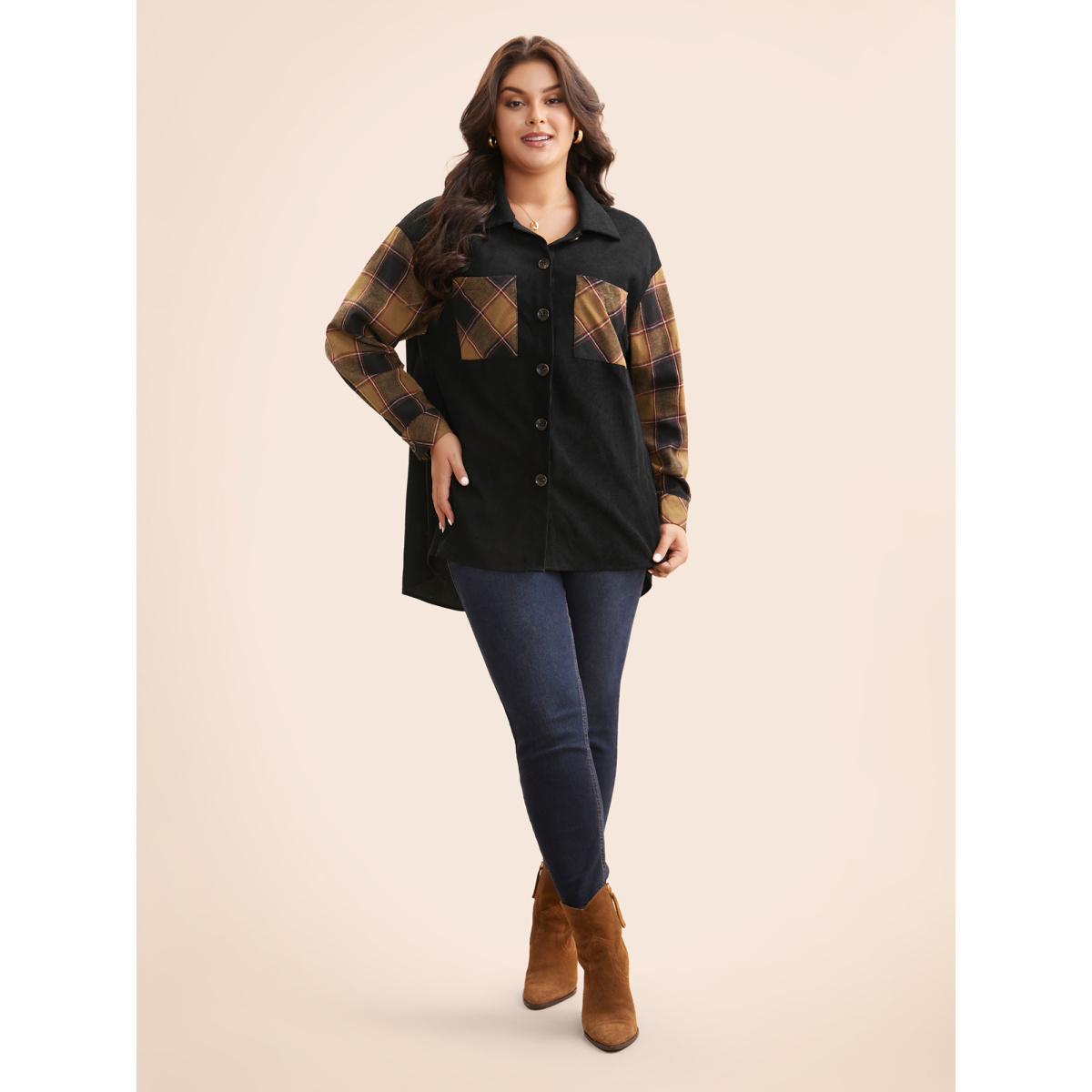 Plus Size Plaid Patchwork Patched Pocket Jacket Women Black Contrast Loose Patch pocket Everyday Jackets BloomChic 12/L Product Image