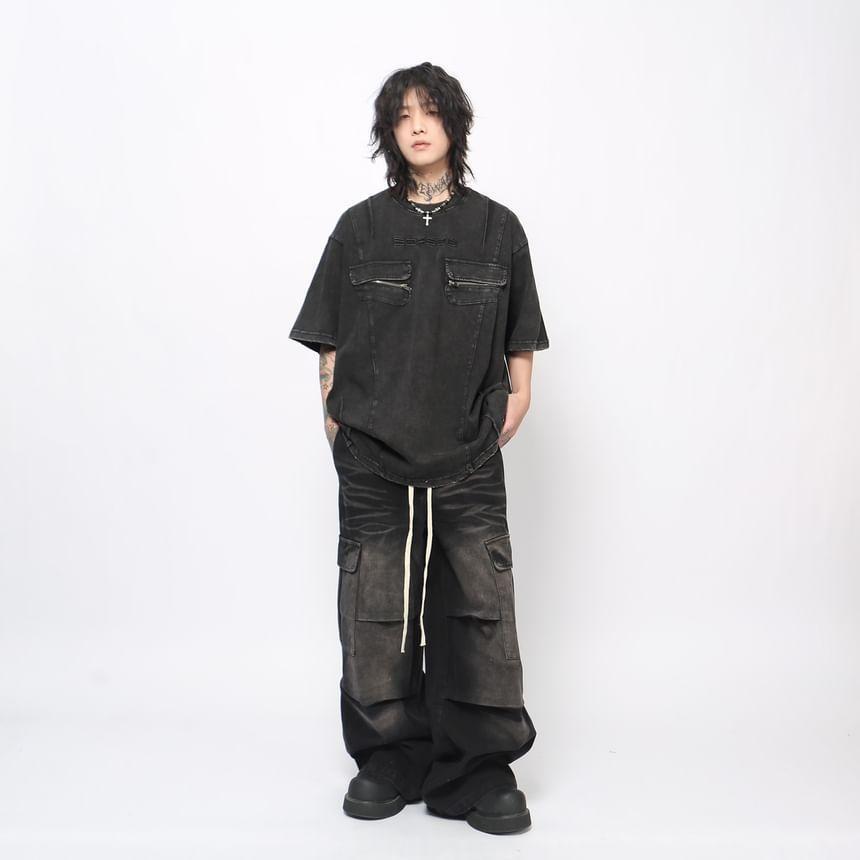 Drawstring Waist Washed Wide Leg Cargo Jeans Product Image