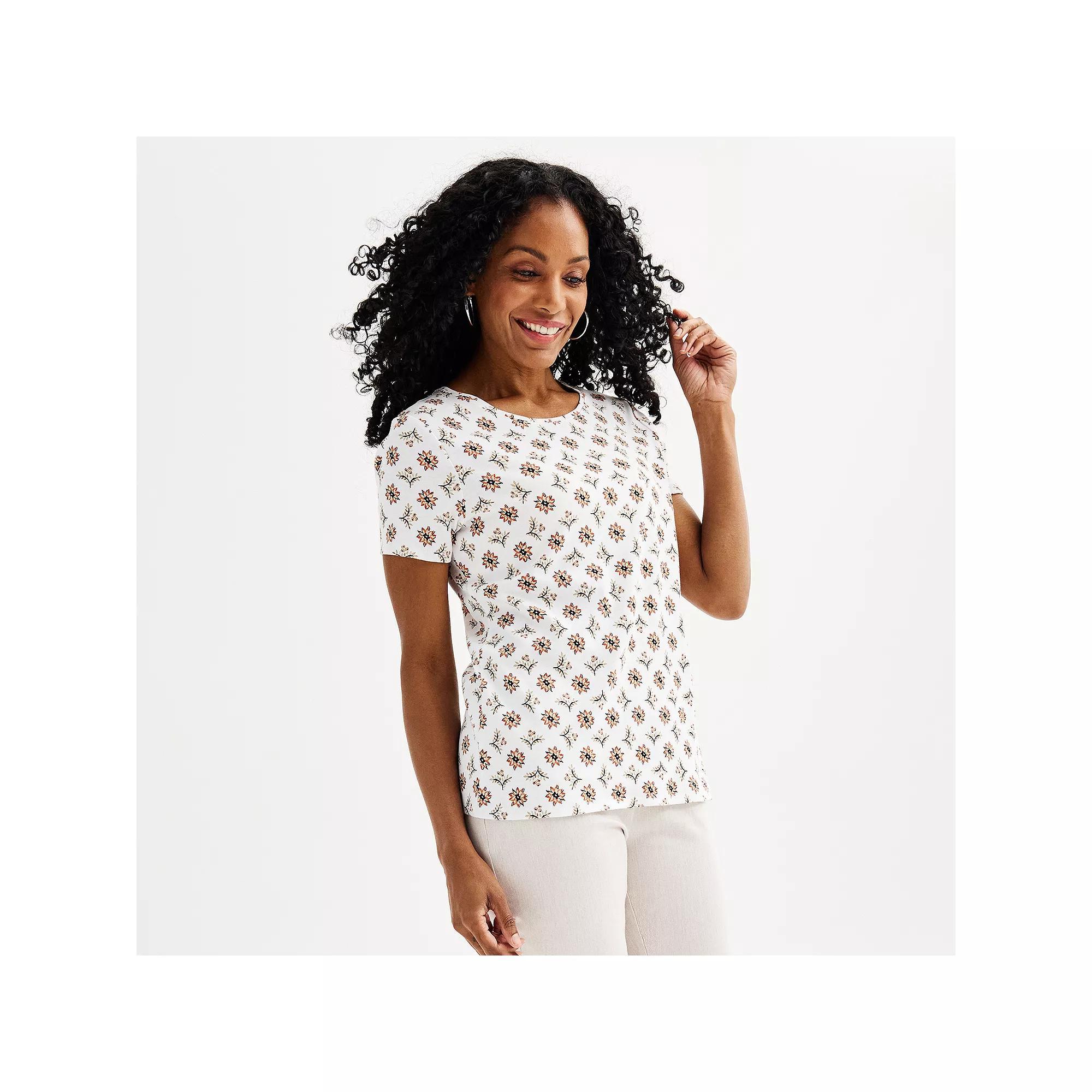 Women's Croft & Barrow® Essential Crewneck Tee, Size: Small, White Rust Floral Tile Product Image