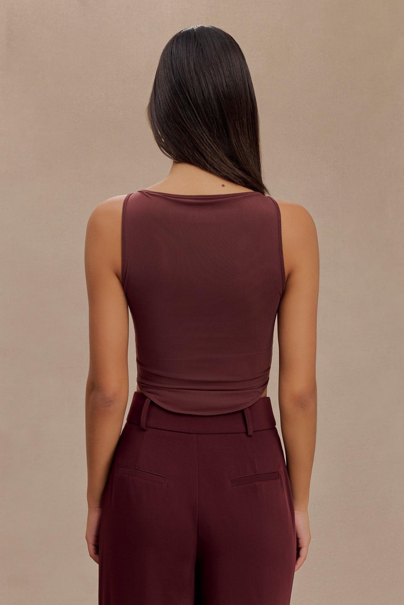 Marla Boat Neck Sheer Mesh Top - Mahogany Product Image