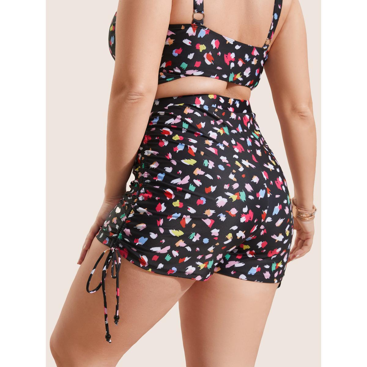 Plus Size Allover Print Drawstring Skinny Swim Bottom Women's Swimwear Black Beach Drawstring High stretch Skinny High Rise Curve Swim Bottoms BloomChic 26/4X Product Image