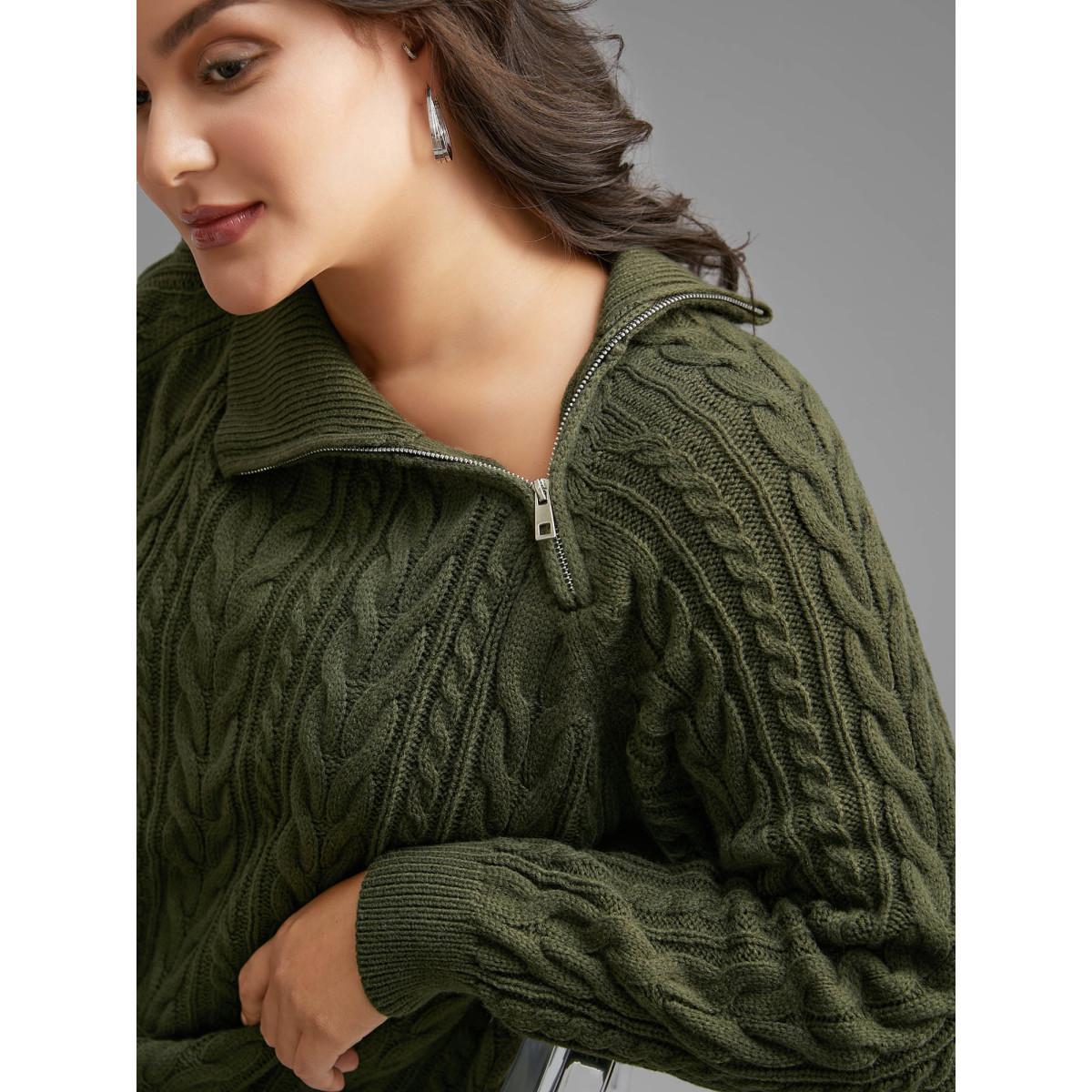Plus Size Asymmetrical Neck Cable Knit Zipper Pullover ArmyGreen Women Casual Loose Long Sleeve Asymmetrical Neck Everyday Pullovers BloomChic 26/4X Product Image