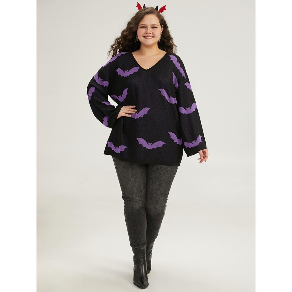Plus Size Halloween V Neck Bell Sleeve Pullover Mauve Women Casual Loose Long Sleeve V-neck Dailywear Pullovers BloomChic 30/6X Product Image