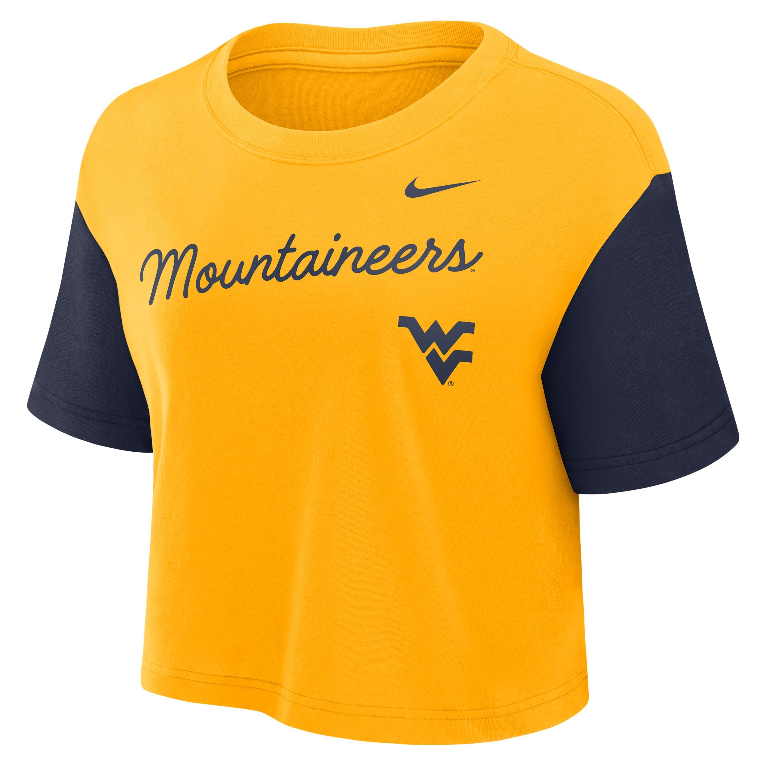 West Virginia Script Women's Nike Dri-FIT College Cropped T-Shirt Product Image
