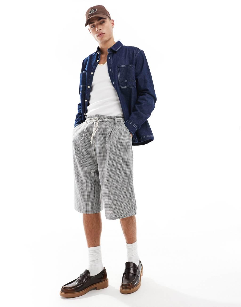 ASOS DESIGN relaxed denim shirt with top stitching in blue rinse wash  Product Image