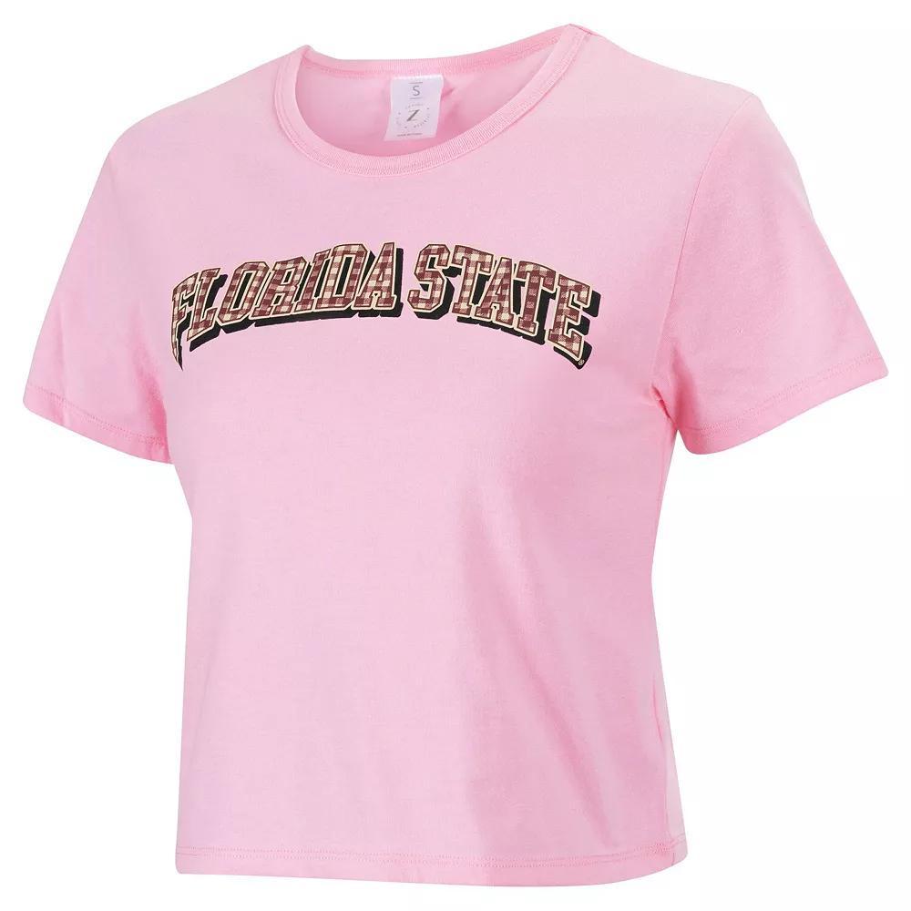 Women's ZooZatz Pink Florida State Seminoles Gingham Logo Cropped T-Shirt, Size: XL Product Image
