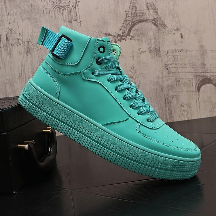 Platform Plain Lace-Up Faux Leather High Top Sneakers Product Image