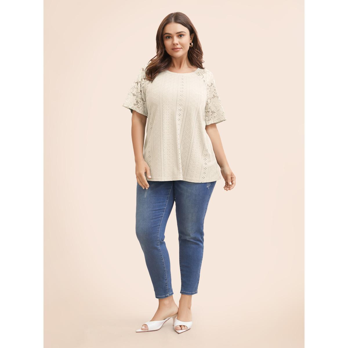 Plus Size Solid Broderie Anglaise Lace Raglan Sleeve T-shirt Beige Women Elegant See through Plain Round Neck Everyday T-shirts BloomChic 14-16/1X Product Image