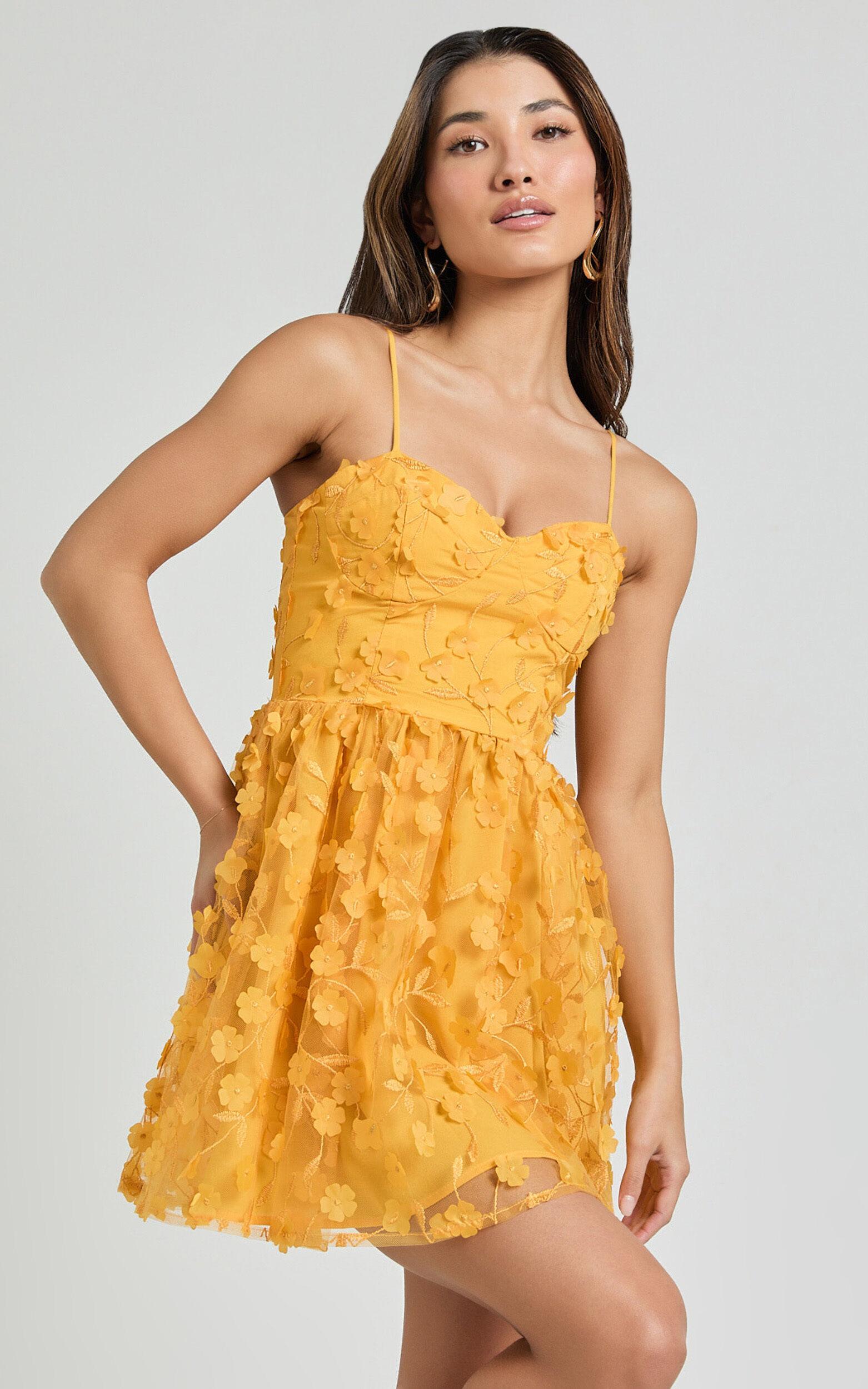 Prague Mini Dress - Strappy Embroidered Tulle Bustier Dress in Marigold Product Image