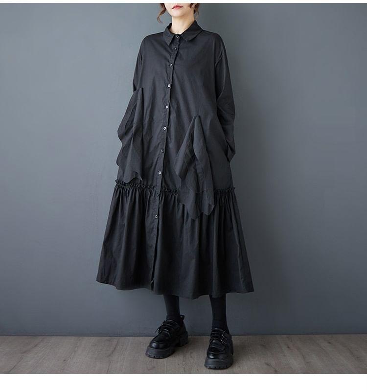 Long Sleeve Collared Plain Panel Gathered Midi A-Line Shirt Dress Product Image