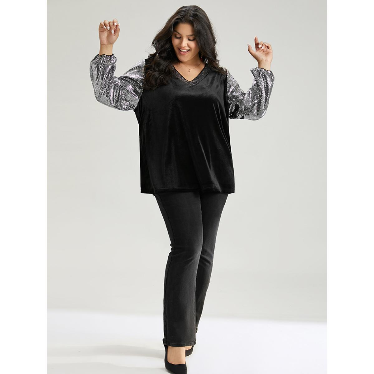 Plus Size Sequin Patchwork V Neck Lantern Sleeve Sweatshirt Women Black Cocktail Elastic cuffs V-neck Party Sweatshirts BloomChic 26/4X Product Image