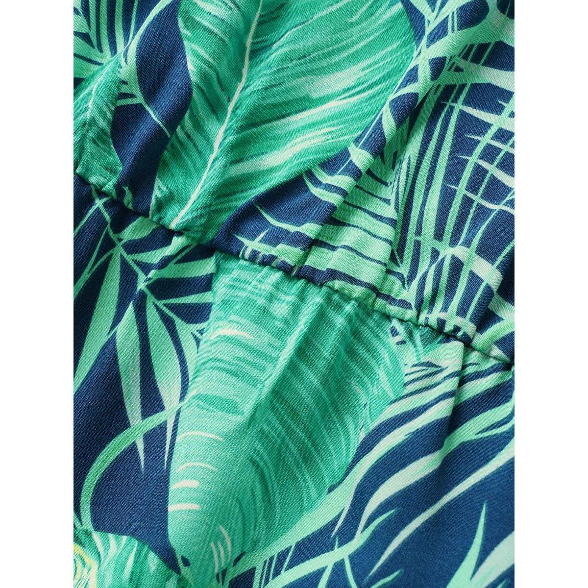Plus Size Indigo Tropical Print Button Up Belted Jumpsuit Women Resort Short sleeve V-neck Vacation Loose Jumpsuits BloomChic 18-20/2X Product Image
