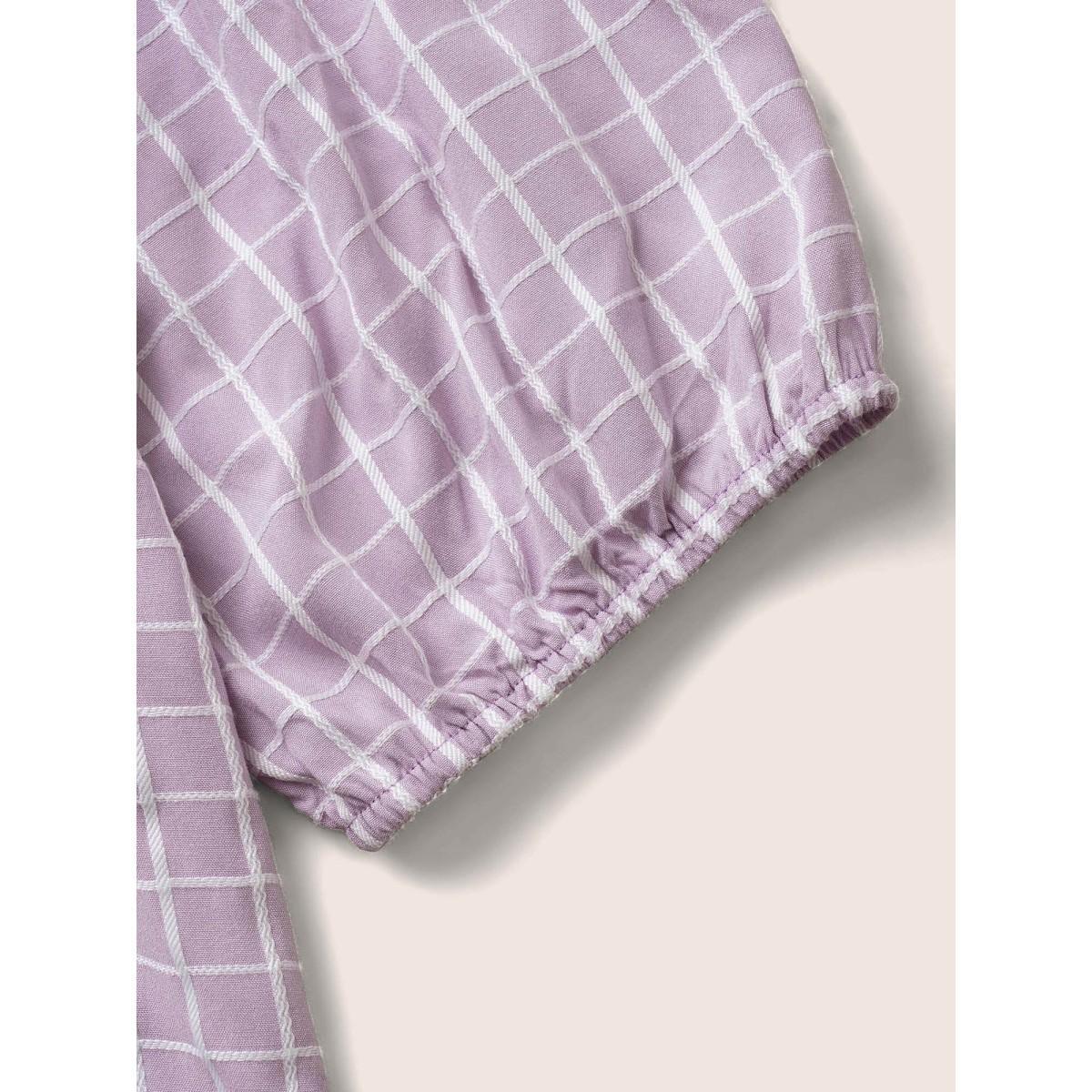 Plus Size Lavender Gingham Patchwork Lantern Sleeve Blouse Women Casual Elbow-length sleeve V-neck Everyday Blouses BloomChic 18-20/2X Product Image