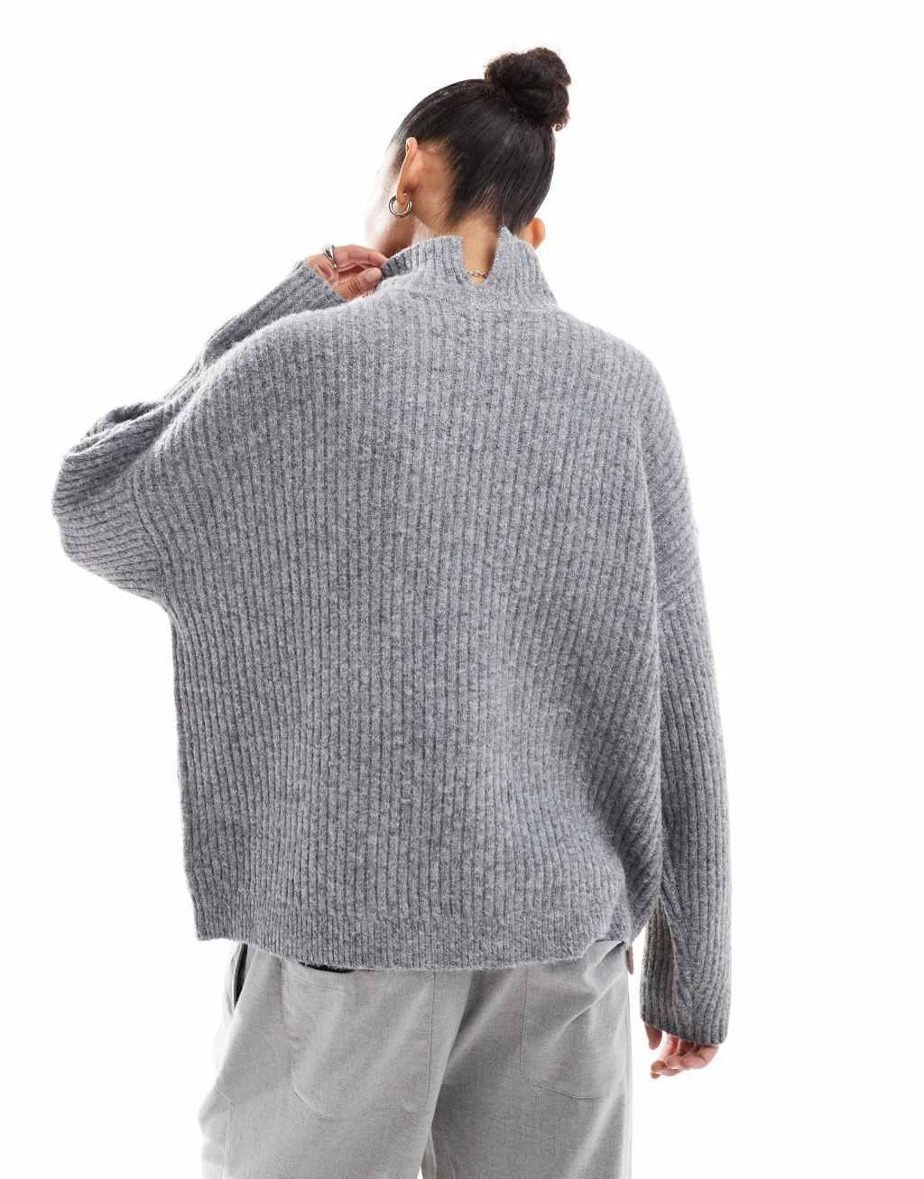 ASOS DESIGN high neck sweater with tie detail and color block in neutral Product Image
