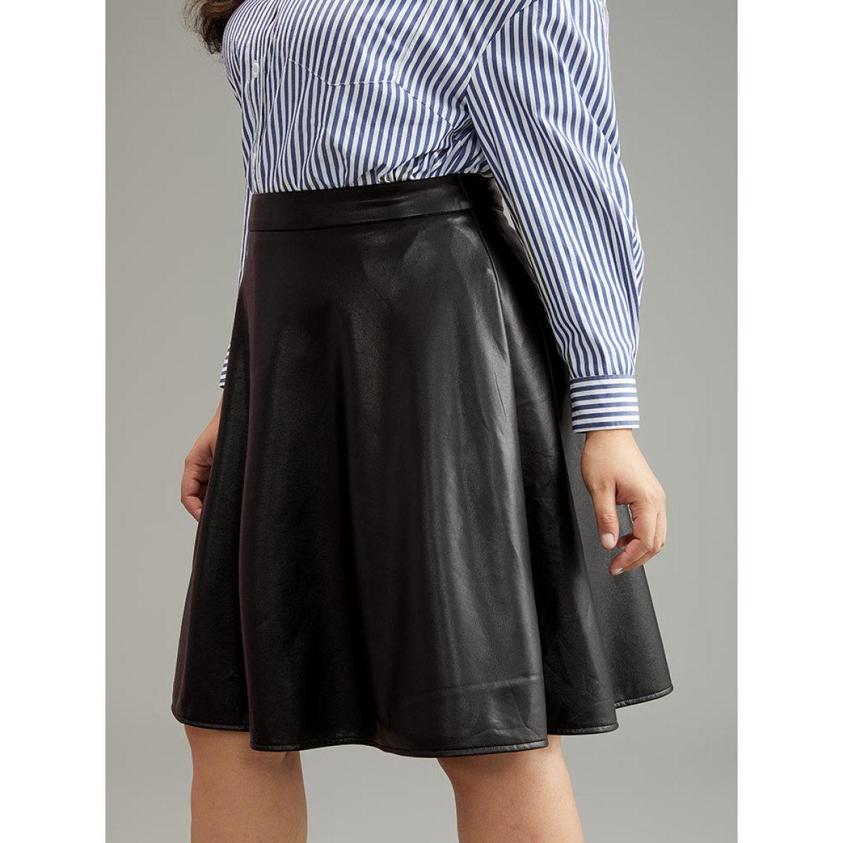 Plus Size Solid PU Cropped Ruffle Hem Skirt Women Black Office A-line No stretch Work Skirts BloomChic 26/4X Product Image