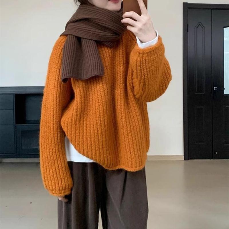 Round Neck Plain Ribbed Sweater Product Image
