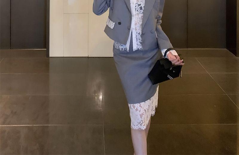 Lace-Trim Double-Breasted Blazer / Midi Skirt Product Image