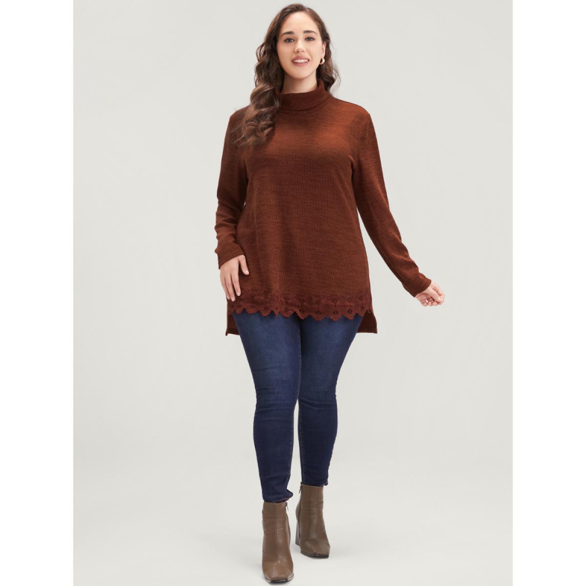 Plus Size Solid Lace Asymmetrical Hem Funnel Neck Sweatshirt Women Russet Elegant Patchwork Turtleneck Dailywear Sweatshirts BloomChic 10/M Product Image